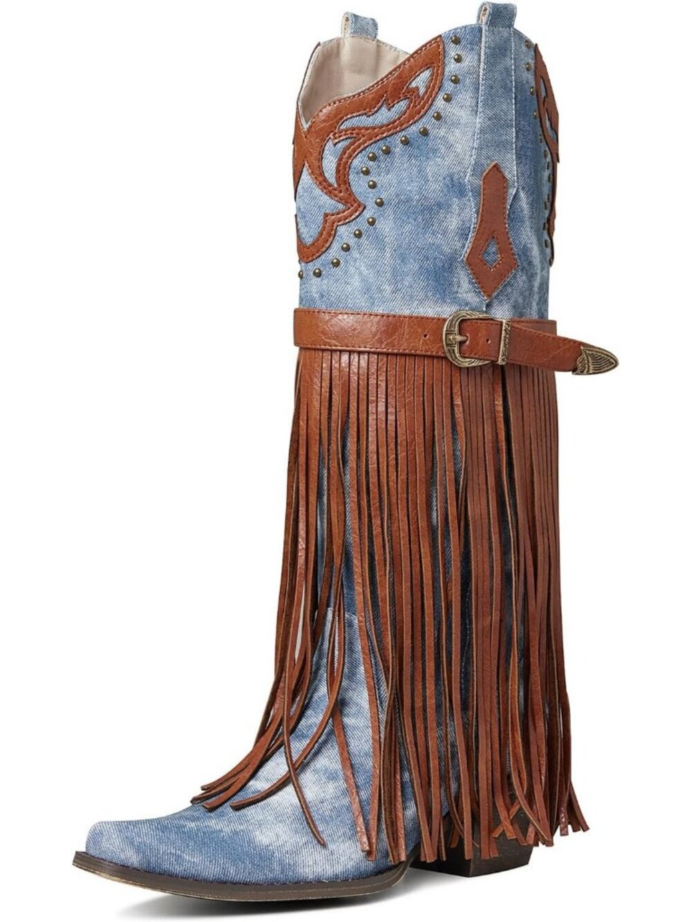 Women's Blue Brown Western Bootie Embroidered, Fringe Knee High